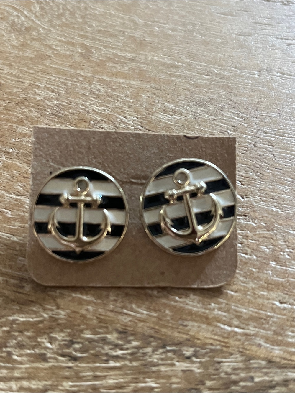 Gold Anchor Stripe Stud Earrings - Black & White